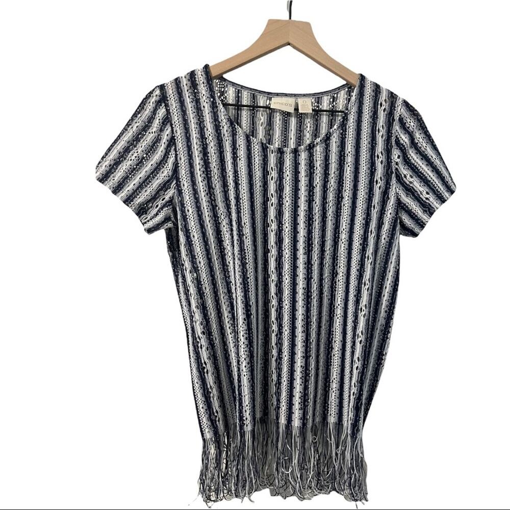 Chicos Blue and White Striped Short Sleeve Open Knit Blouse with Fringe Size XS
